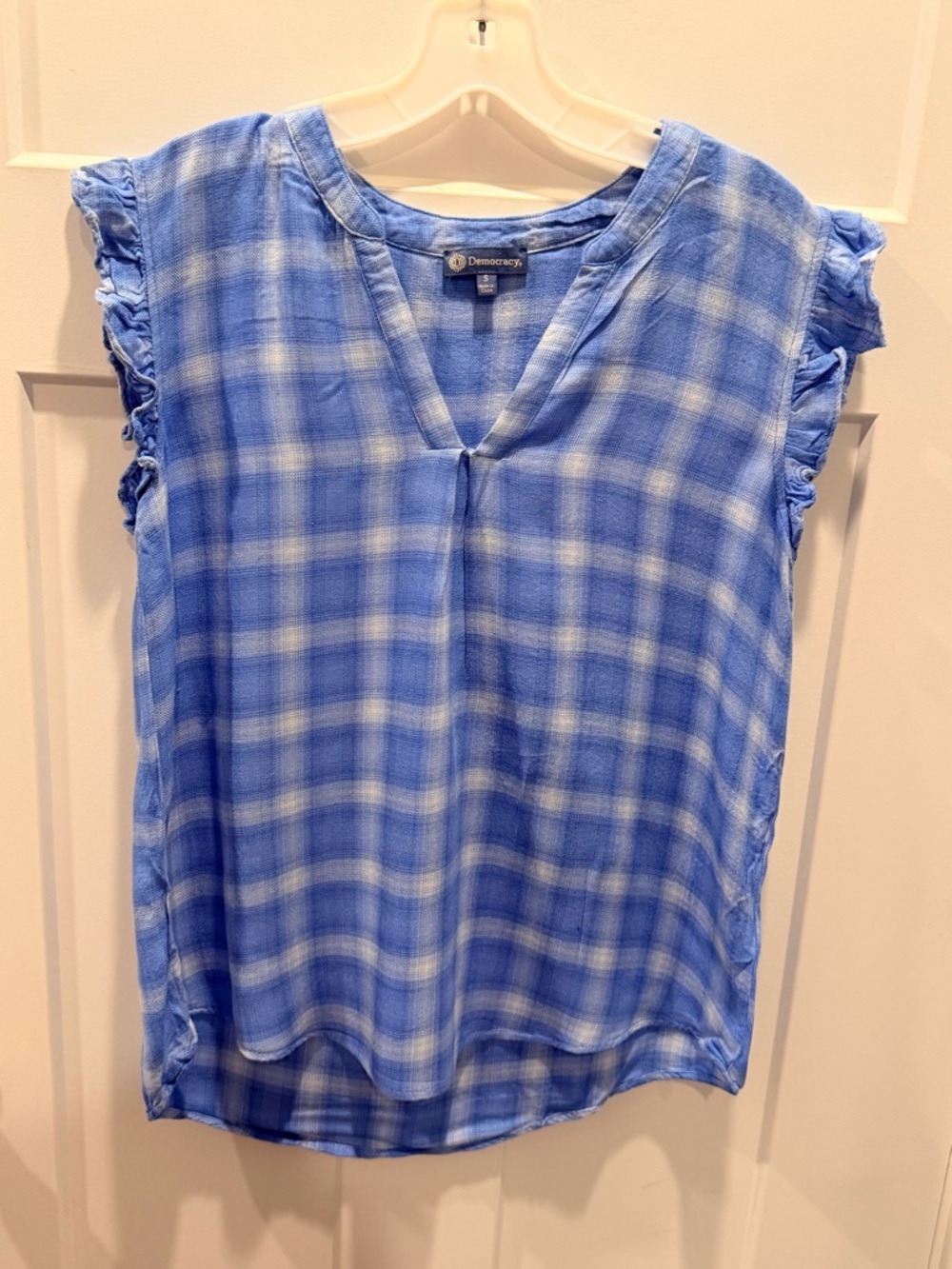 Democracy Blue Plaid Blouse Small Ruffle Sleeve Casual Lightweight Top